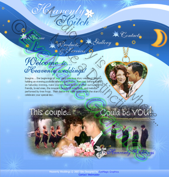 Custom built web site for a wedding venue. Photography, graphic design, and maintenance provided by Michael Phillips (www.eyemagicgraphics.com). Features included customized music compositions, trendy and interactive animation throughout the site's pages, gorgeous photography and artwork compositions, image galleries, special effects, and more.
