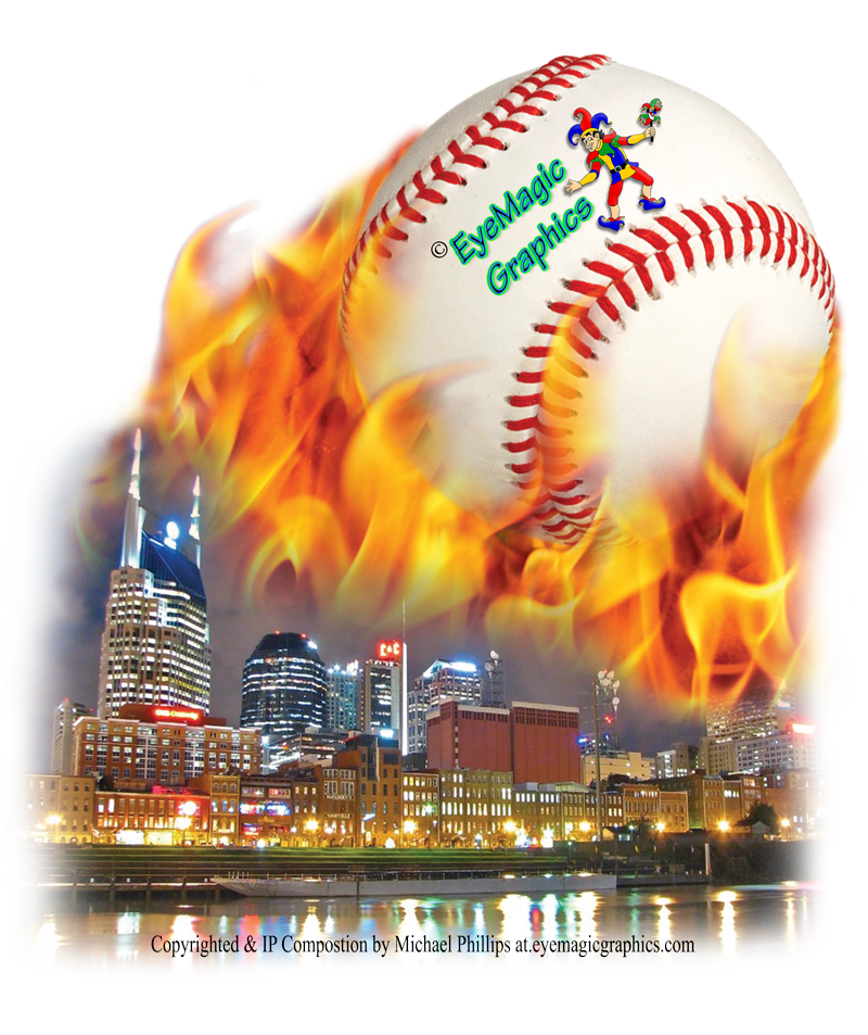 Photoshop composited artwork of the Nashville skyline and softball with trailing flames